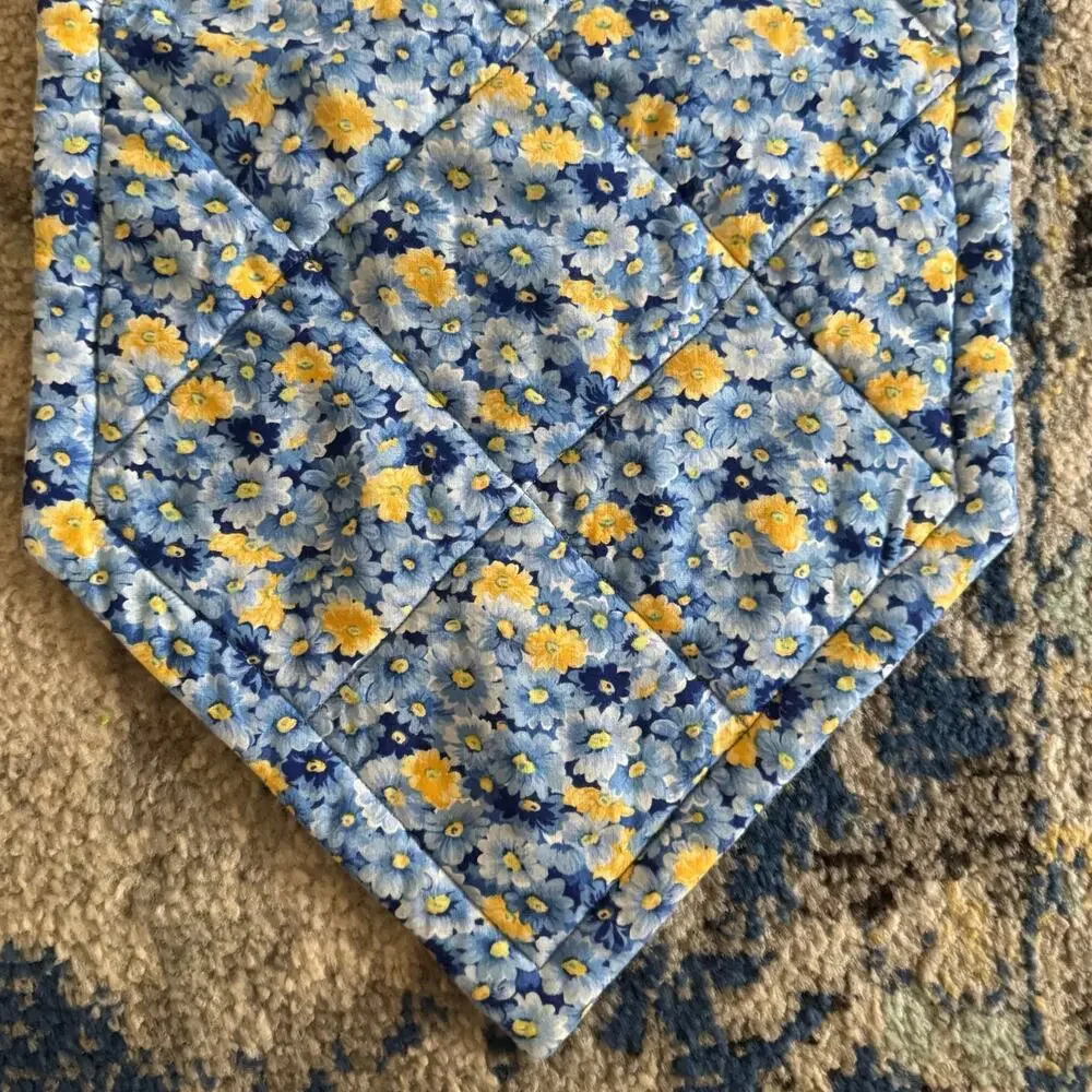 Handmade Quilted Patchwork Square Table Runner Blue Yellow Floral 12x46 Cottage